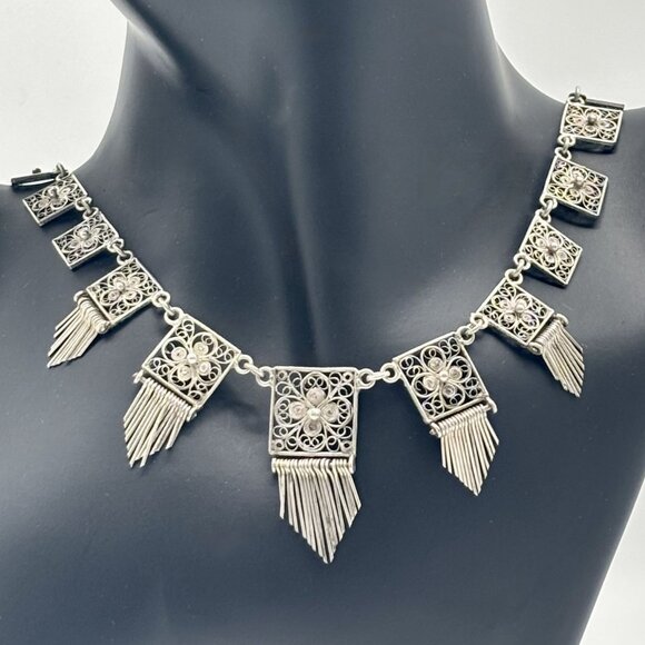 Unbranded Jewelry - Vintage European Silver Delicate Filigree Squares Components With Dangles Collar